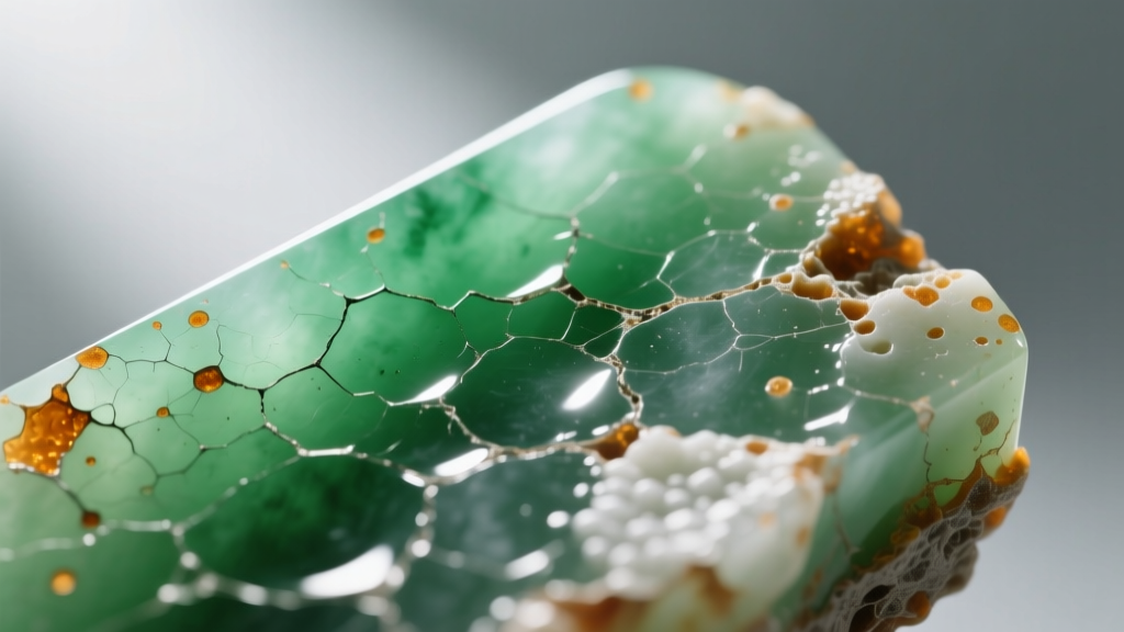 Macro photo of Type B jadeite surface showing microscopic pitting and polymer resin degradation under bright directional lighting.