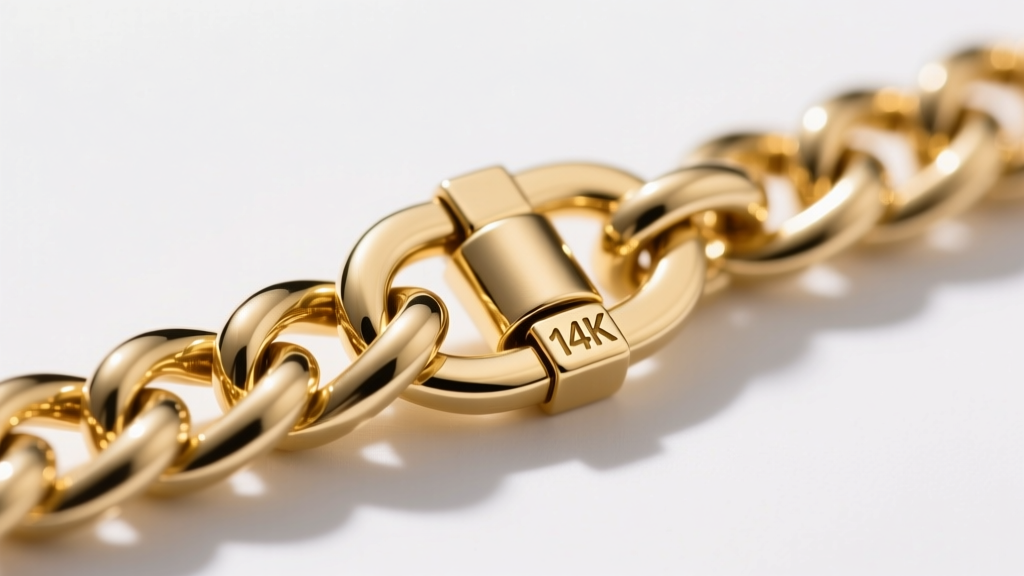 Macro shot of a gold Cuban chain connecting to a basketball clasp, showing interlocking links and a laser-engraved 14k hallmark