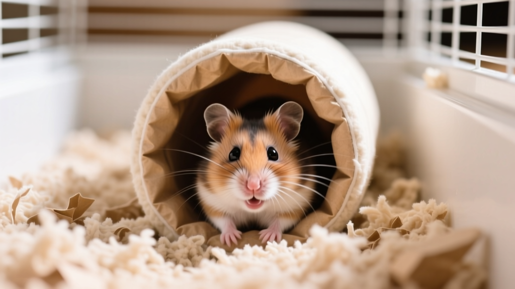 A happy hamster tunneling through soft, fluffy paper-based bedding in a clean enclosure