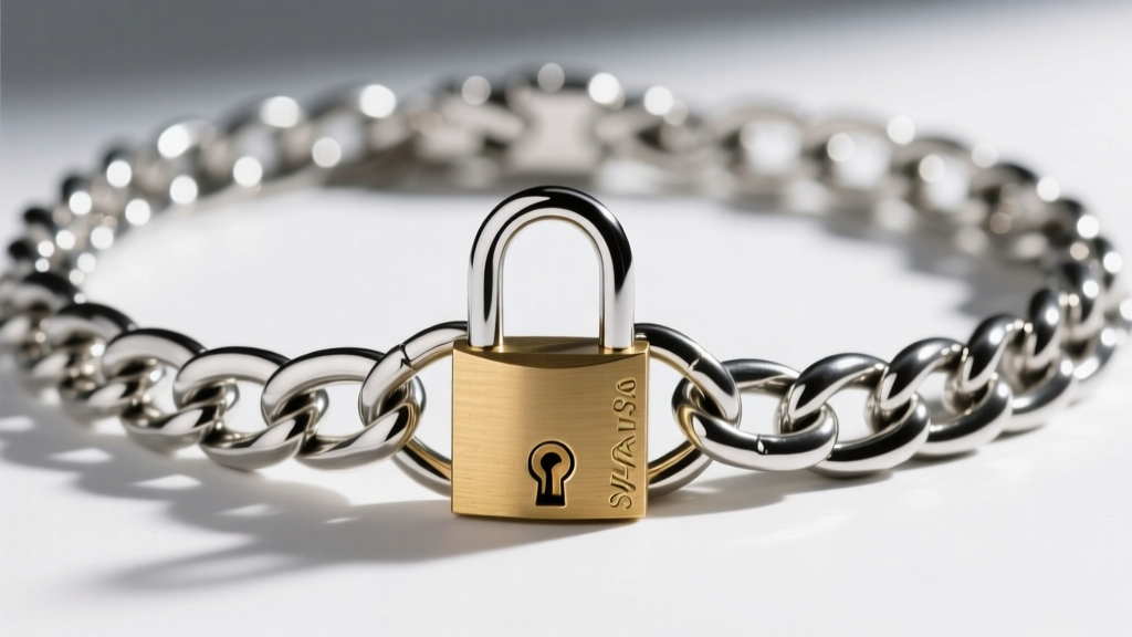 Close-up of a heavy 316L stainless steel curb chain necklace featuring a secure locking clasp and a small brass padlock