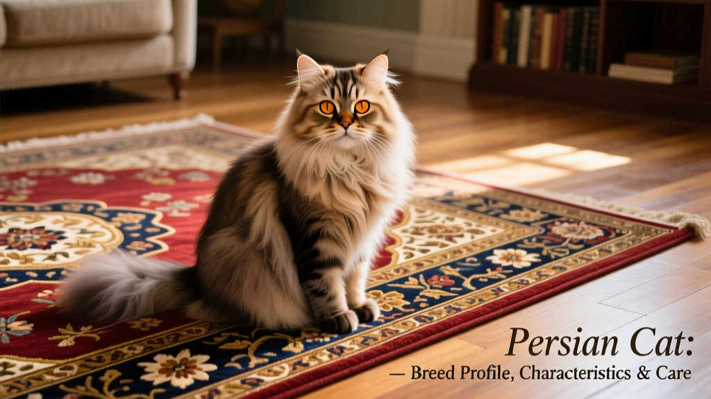 Historical illustration of a Persian cat beside an ornate Persian rug, evoking its regal heritage