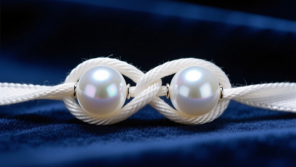 Macro shot of knotted silk between two white South Sea pearls, showing the gap and secure knotting in focus against blue velvet.