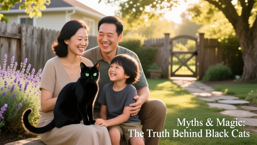 A joyful family smiling as a black cat sits on a child's lap outdoors