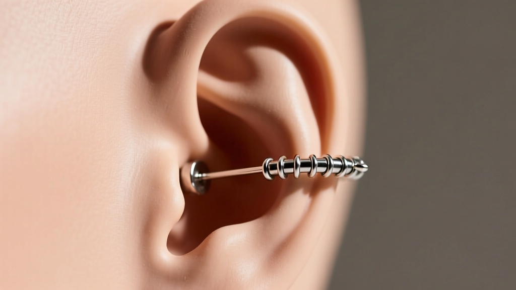 Macro photo of 20-gauge titanium earring crawler on silicone ear model, highlighting tension wire and post alignment in soft light.