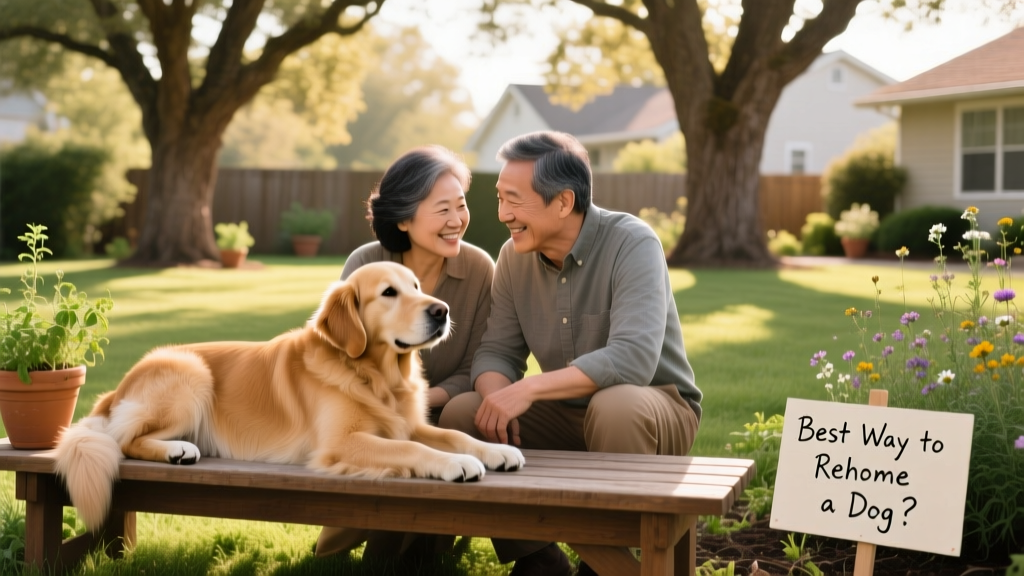 Two people gently interacting with a relaxed dog in a quiet outdoor setting during a meet-and-greet