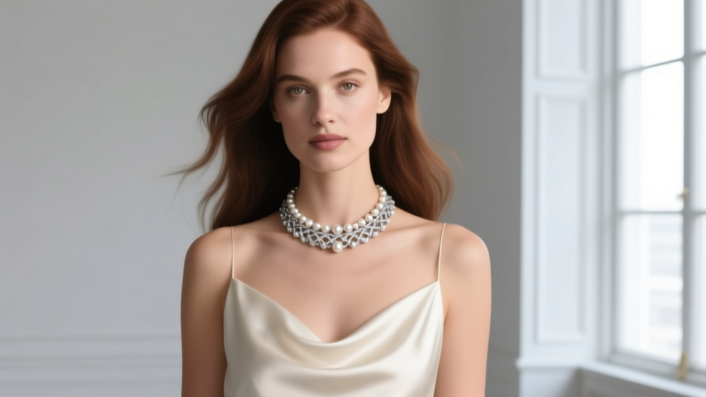 Elegant woman wearing a sterling silver Judith Ripka pearl choker with berge texture and a silk gown in soft studio lighting.