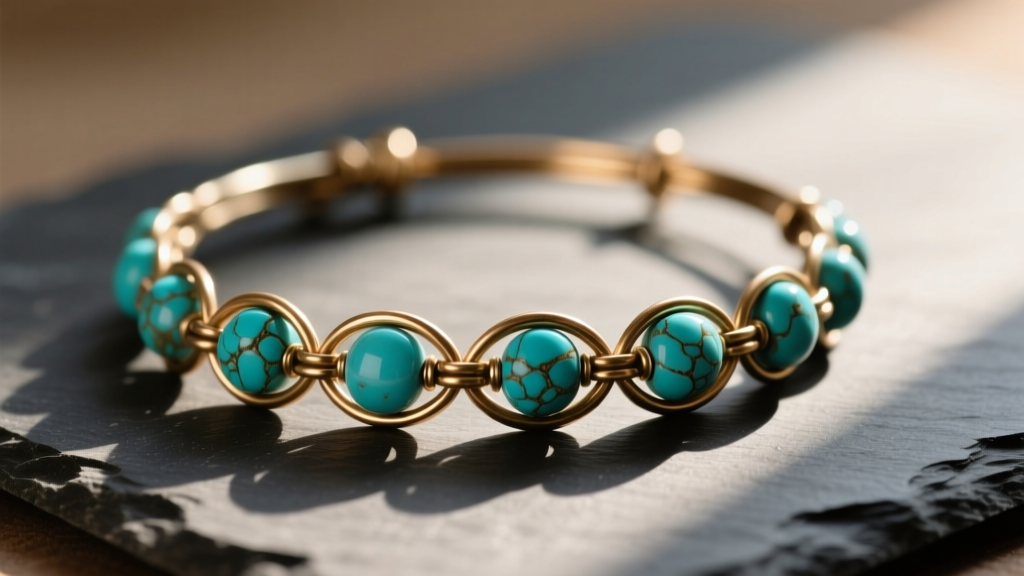Close-up of a raw brass boho hair vine with natural turquoise beads resting on dark slate in soft morning light.