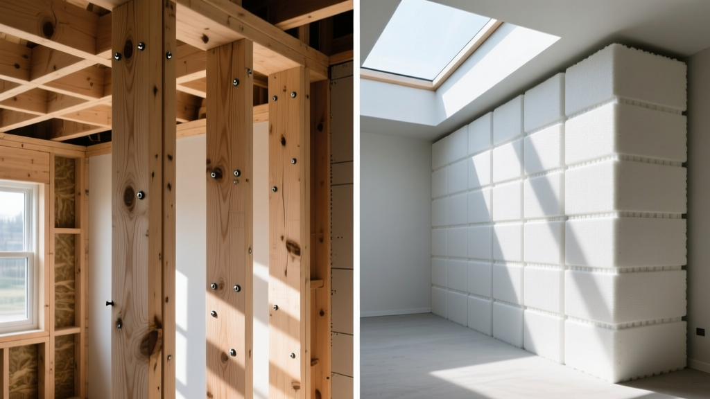 Split view comparing exposed wood stud framing on the left with stacked foam Insulating Concrete Forms on the right