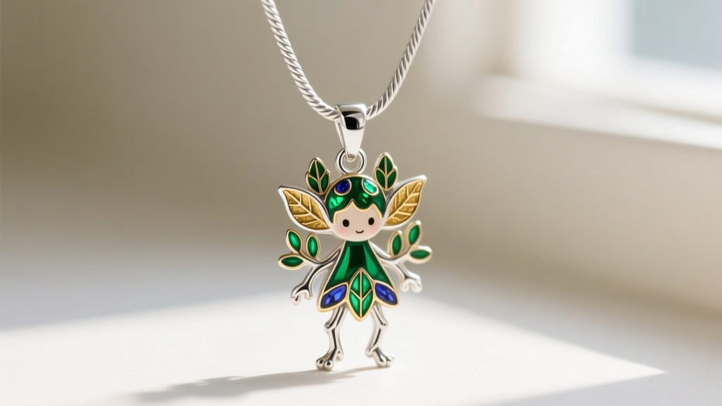 Close-up of 925 silver 1.2mm cable chain on a soldered bail holding a cloisonne enamel pendant shaped like a small forest sprite.