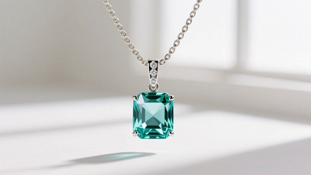 Delicate 1.2mm 18k white gold cable chain threaded through a diamond bail, supporting a large emerald cut aquamarine pendant