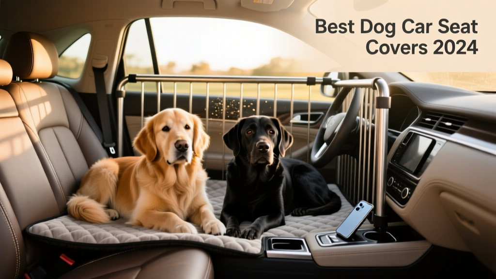 A sturdy metal dog car barrier installed behind the front seats, separating the passenger cabin from the cargo area where two dogs rest on a padded liner