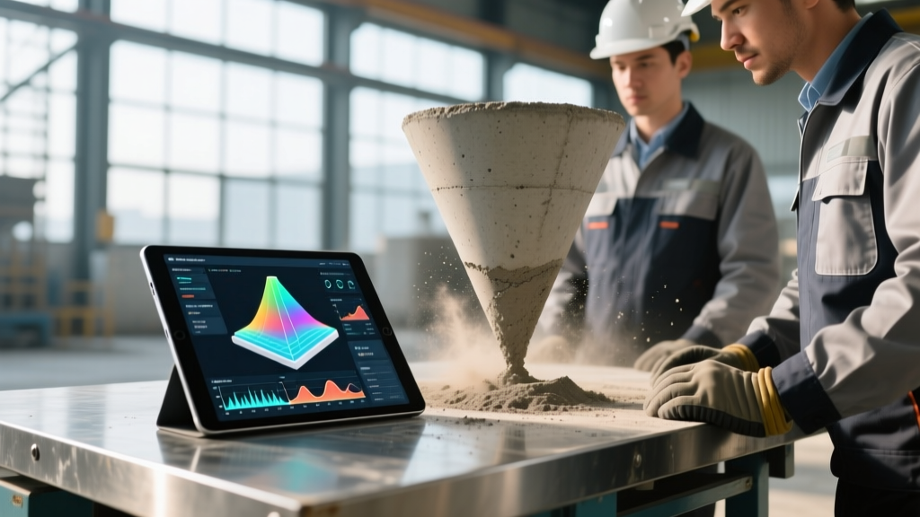 Engineers reviewing a digital 3D hydration model on a tablet beside a physical concrete slump test cone at a modern batch plant.
