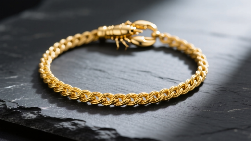 Macro shot of an 18ct yellow gold rope necklace on dark slate, showing intricate woven links and a secure lobster clasp mechanism