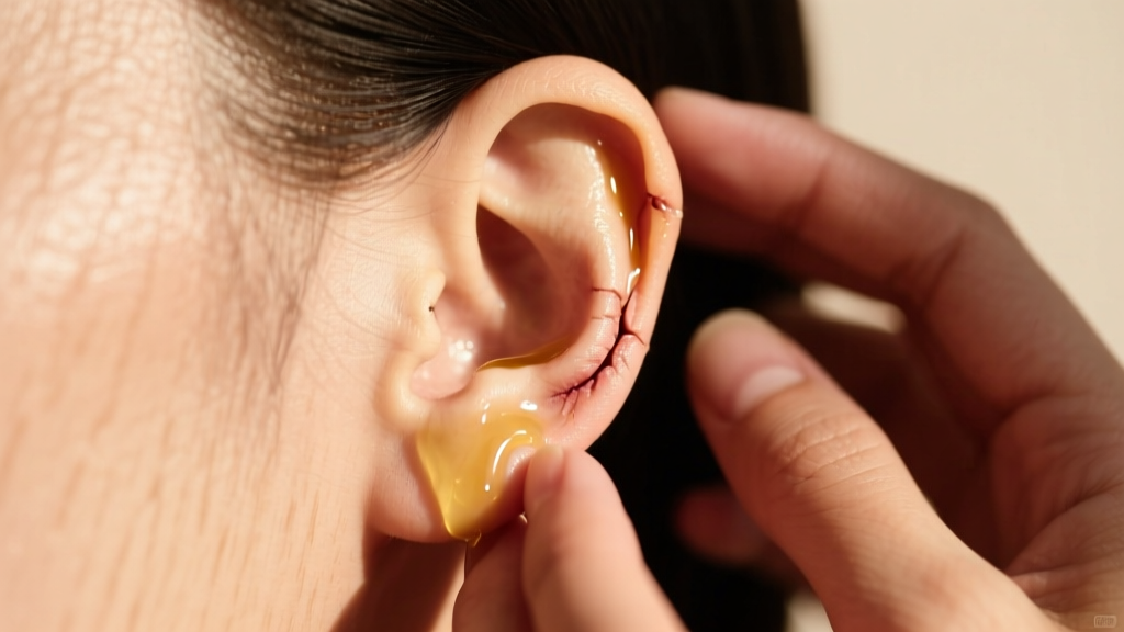 Hands gently massaging jojoba oil into a healed stretched earlobe to promote tissue elasticity, warm natural sunlight background.