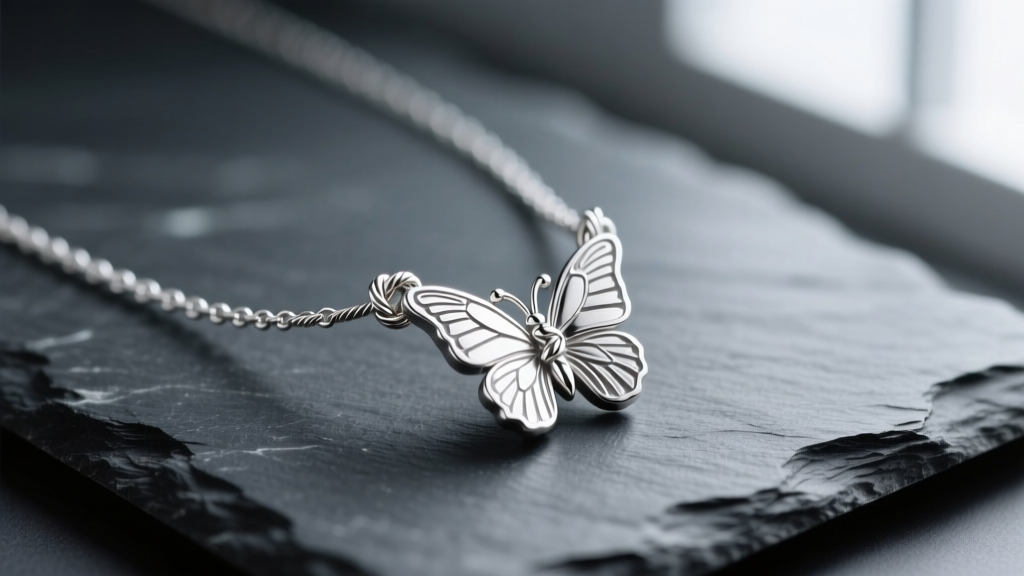 Close-up of a delicate 925 sterling silver butterflies necklace with a severe knot in the cable chain, resting on dark slate.