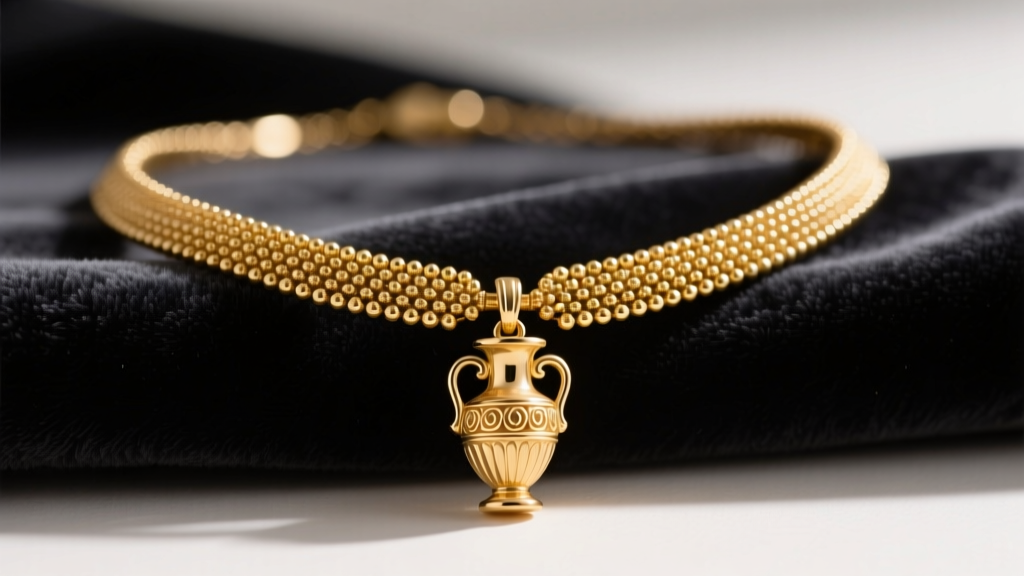Macro shot of an ancient Greek necklace showing 22k gold granulation and an amphora pendant on dark charcoal velvet fabric.