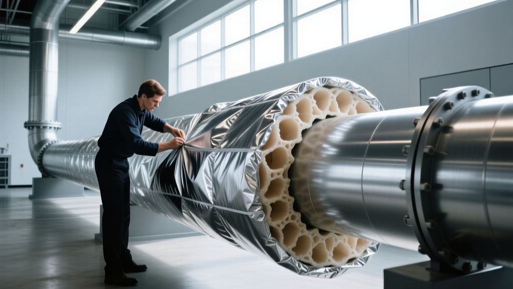 Close-up of aluminized fiberglass and aerogel blankets being applied to high-temperature industrial pipes in a commercial mechanical room