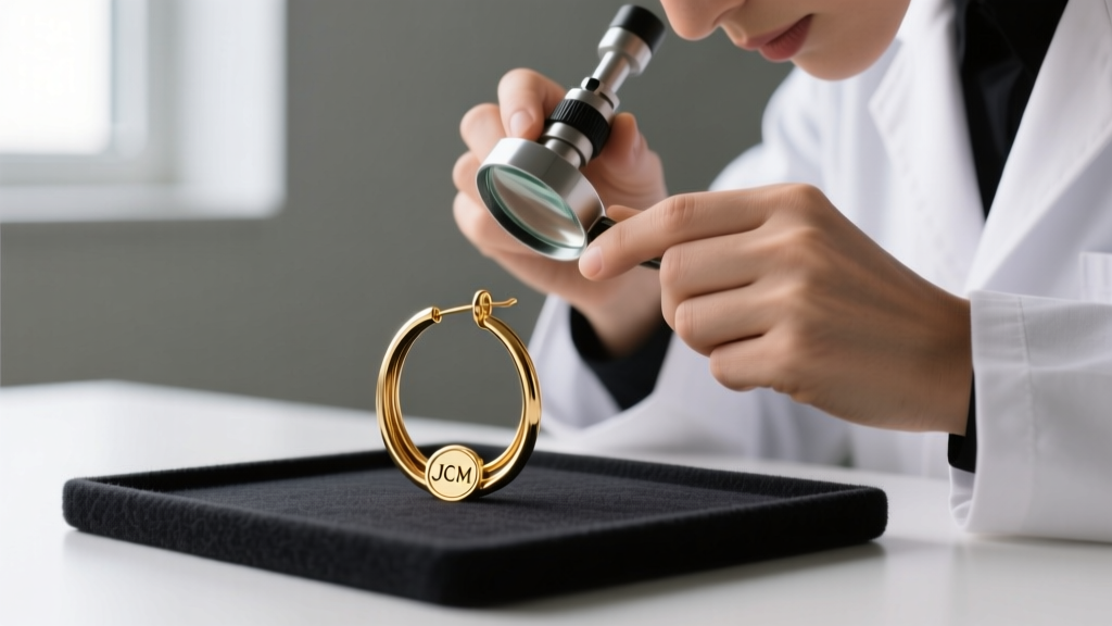Jeweler using a loupe to inspect the hallmark stamp on a JCM 14k gold continuous hoop earring wire on a dark felt pad.