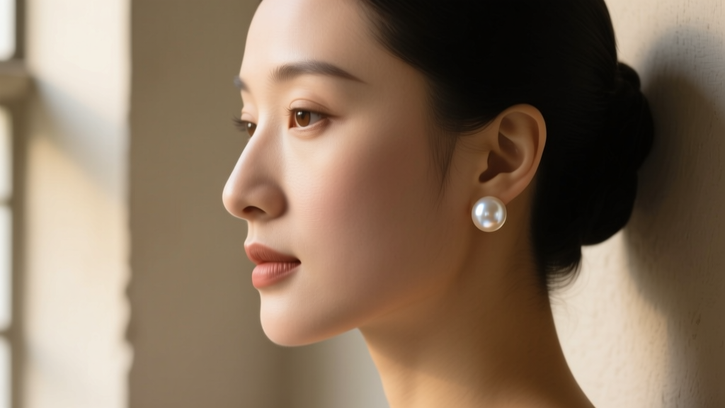 Side profile of a woman wearing a bright 14mm pearl stud, lit by soft window light mimicking classic Dutch painting styles