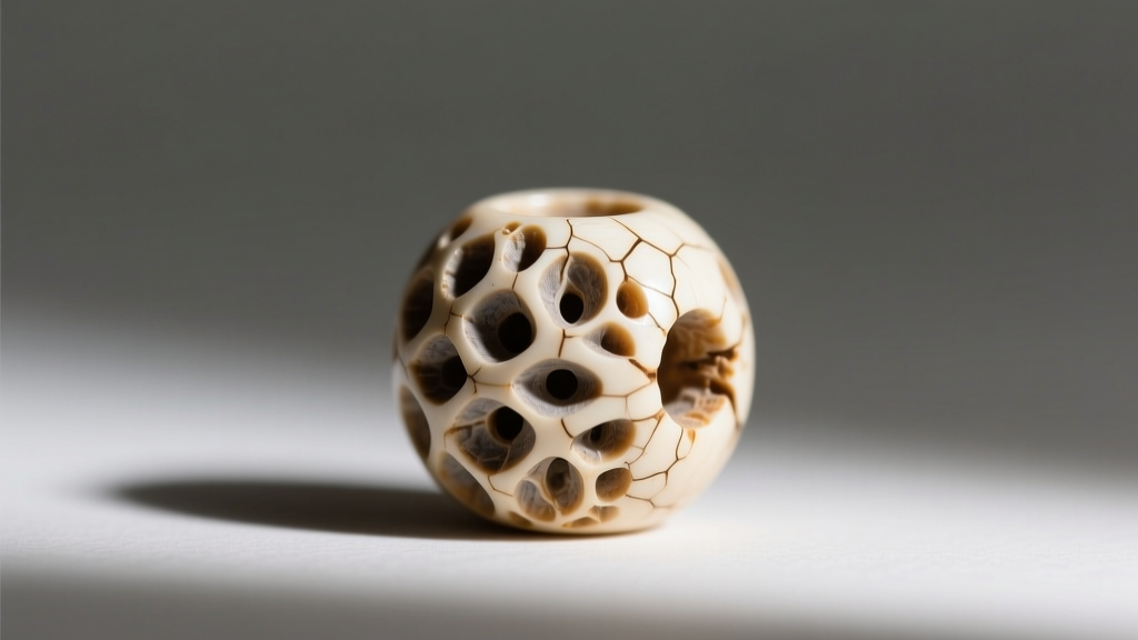 Macro photo of porous Haversian canals and micro-crazing on an antique carved bone bead under bright directional light.