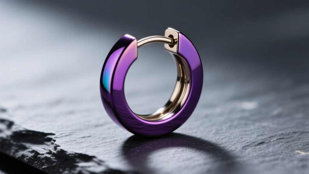 Macro shot of a Grade 23 titanium open circle earring with seamless clicker hinge, anodized purple, resting on dark slate