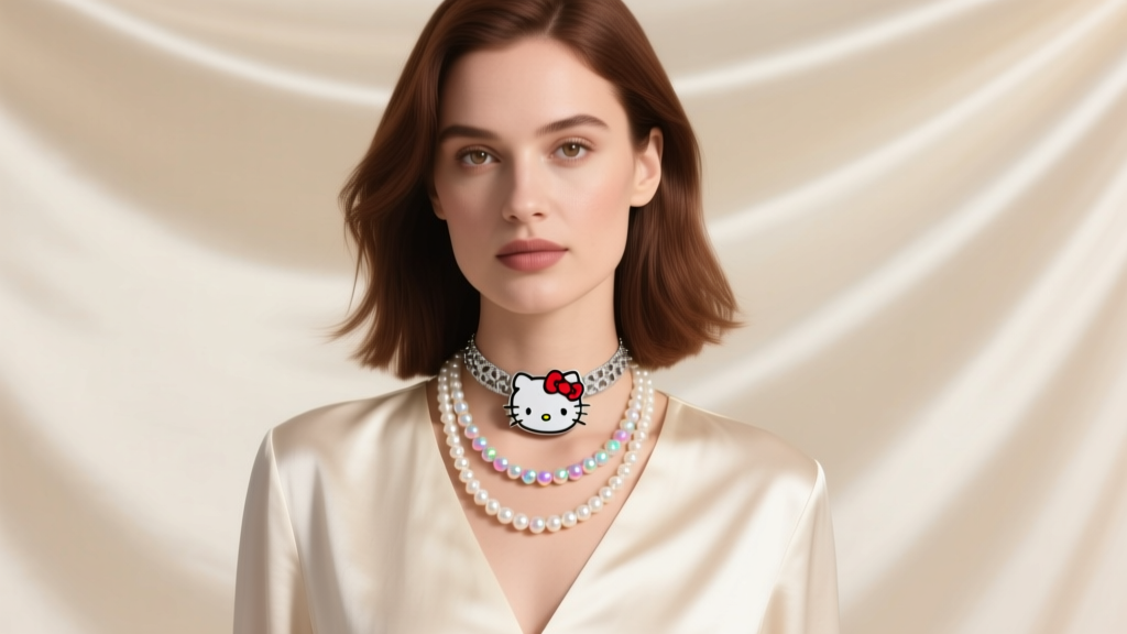 Woman wearing a layered stack with a 16-inch Hello Kitty silver choker and 18-inch pearl strand against a cream silk blouse.