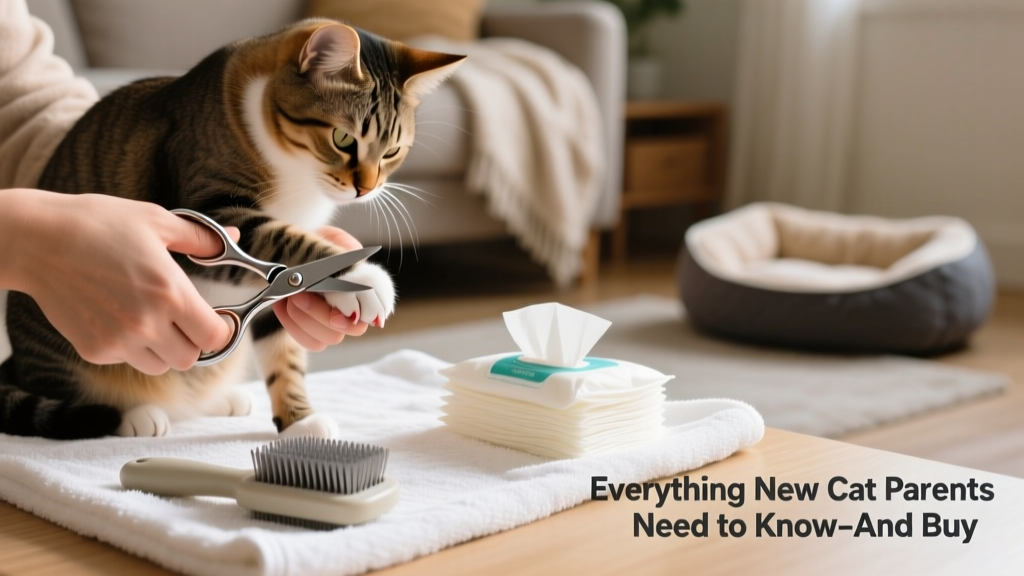 Hands gently holding a calm cat’s paw while trimming nails with stainless-steel clippers; a deshedding brush and grooming wipes sit nearby on a clean towel