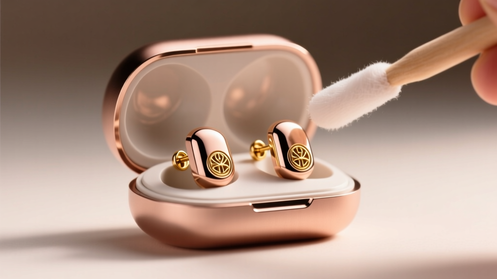 Rose-gold biometric earrings in a magnetic case, with a swab cleaning the gold-plated pogo pins under soft, warm studio lighting