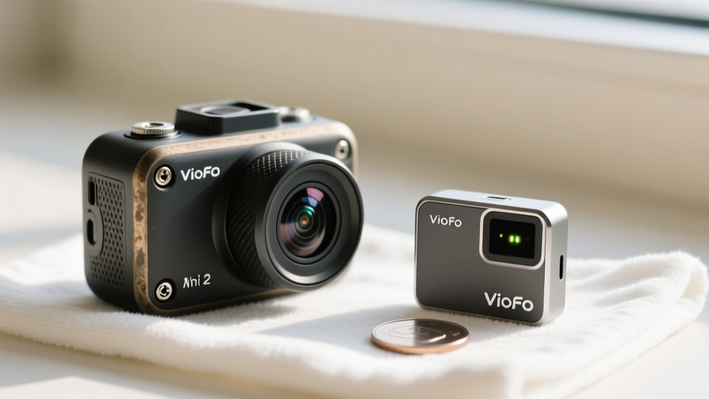 Side-by-side macro comparison of a bulky traditional dash cam next to a compact Viofo A119 Mini 2 on a microfiber cloth
