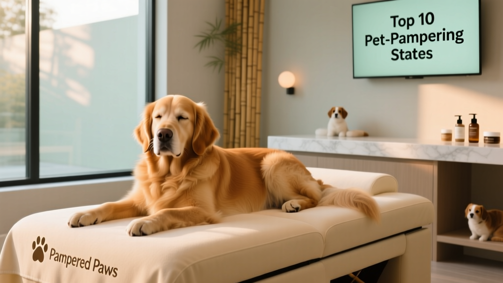 A golden retriever relaxing on a plush massage bed during a professional canine wellness session