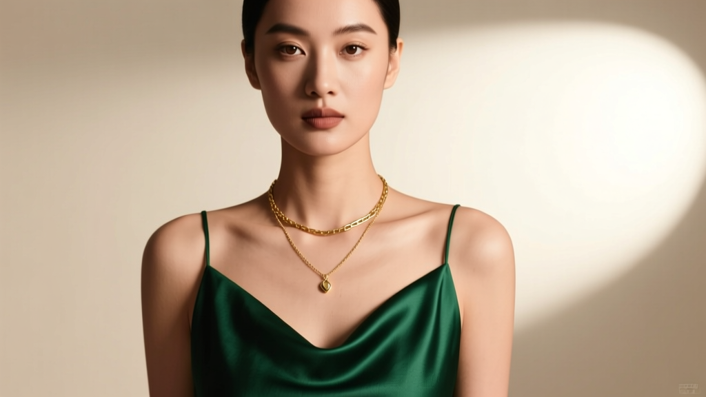 Woman in a silk halter top wearing a delicate 18-inch gold lariat necklace, soft studio lighting highlighting her collarbone area