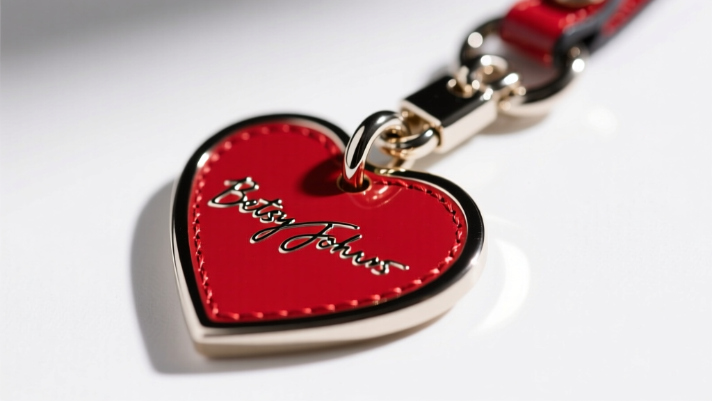 Extreme macro close-up of the signature Betsey Johnson heart-shaped hangtag showing crisp metal stamping and lobster clasp
