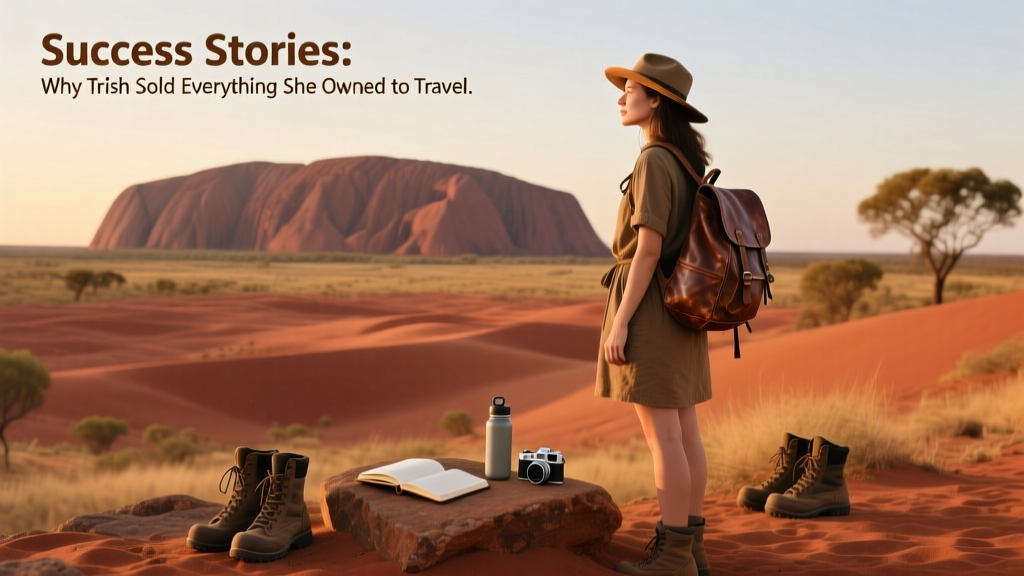 A solo female traveler posing near Uluru in Australia