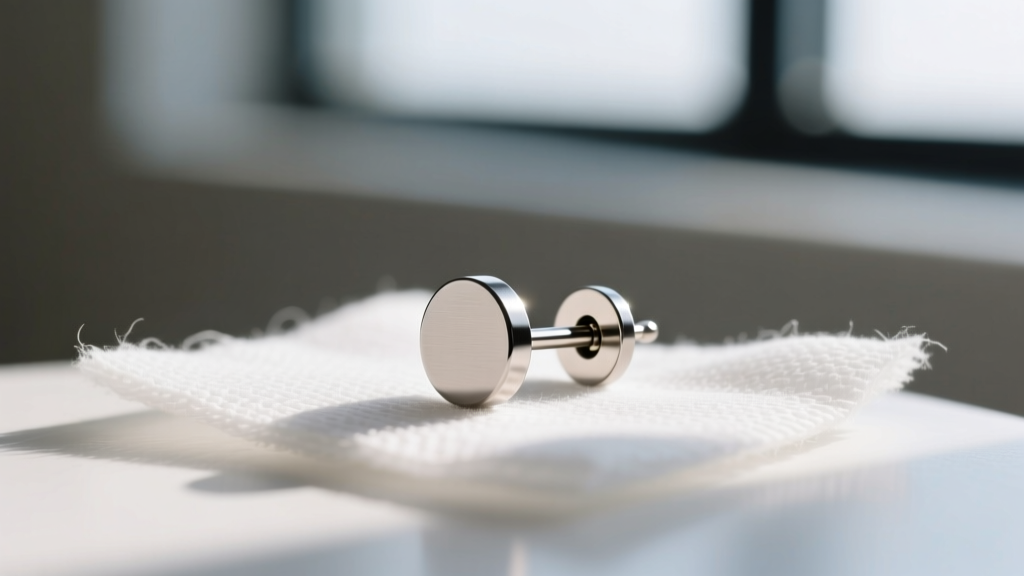 Macro shot of a titanium flat back stud earring on sterile gauze, cool lighting highlighting the threadless pin mechanism and post