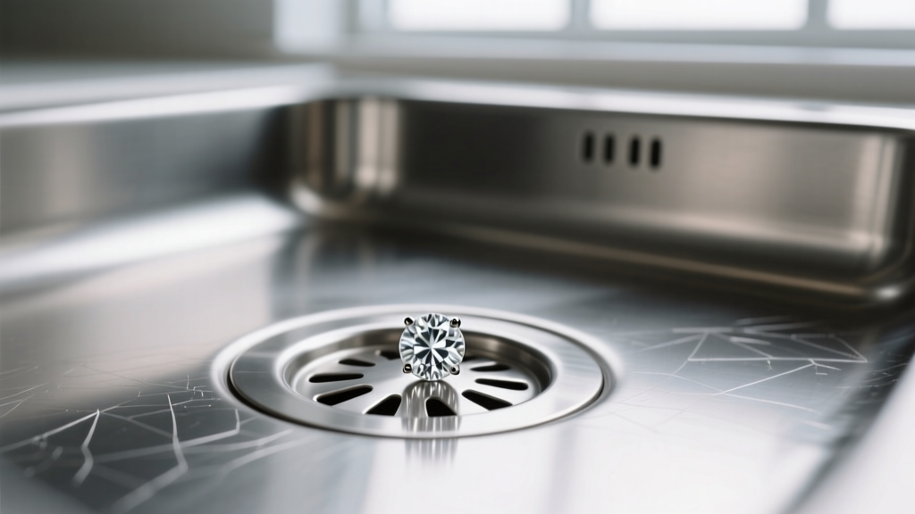 Close-up of a diamond stud earring resting at the bottom of a dry, stainless steel sink basin near the metal drain grate, soft lighting.