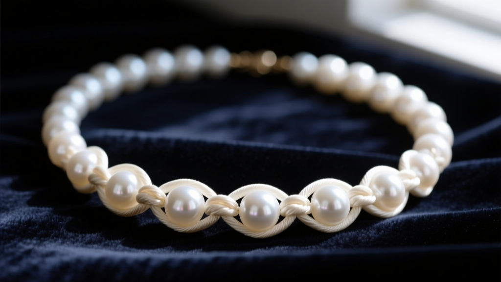Close-up of a strung white beads necklace on dark velvet, highlighting intricate silk knots between each spherical pearl bead.