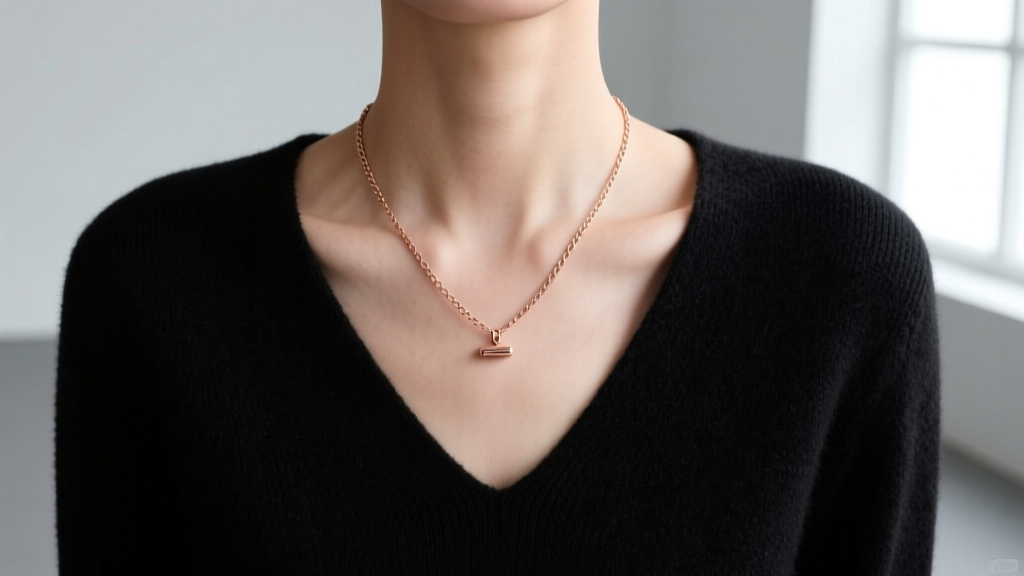 Close-up of a delicate 16-inch rose gold chain resting on a collarbone, paired with a deep V-neck black cashmere sweater, studio.