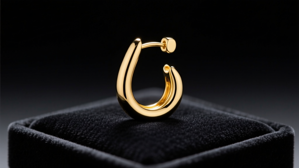 Close-up of a polished 20-gauge yellow gold S-hook earring resting on a dark velvet jewelry display pad under soft studio lighting