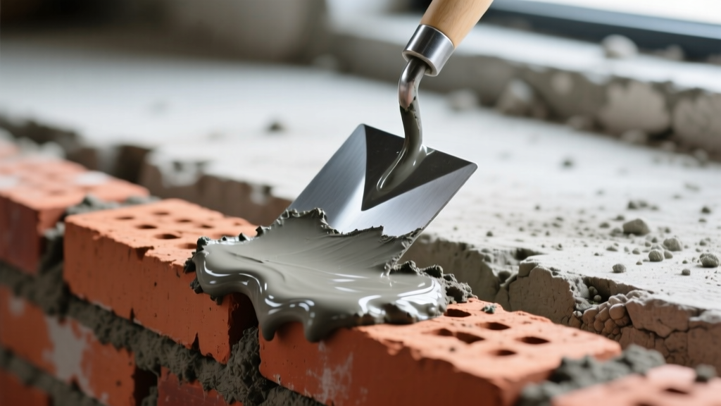 Masonry trowel spreading wet gray mortar between red clay bricks, with a rough exposed aggregate concrete slab in the blurred background