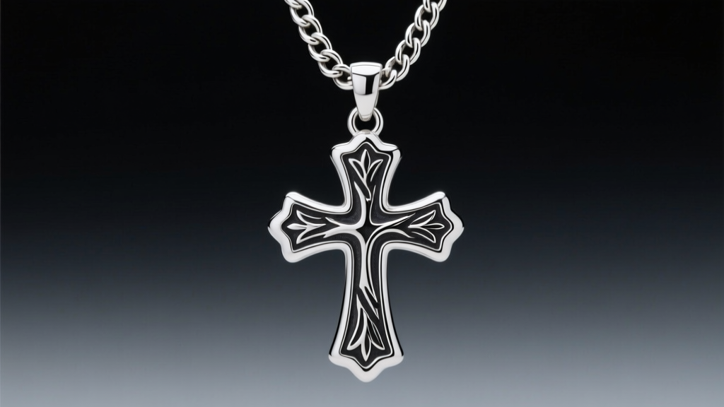 Sterling silver chunky cross pendant with oxidized engraving hanging from a heavy Figaro chain against a softly blurred dark backdrop.