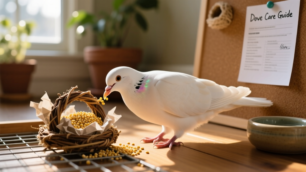 Close-up of a dove gently pecking at a foraging toy filled with millet and shredded paper inside its cage