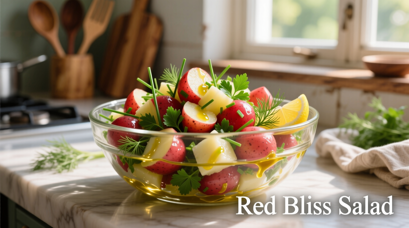 Colorful red bliss potato salad in a glass bowl with fresh herbs