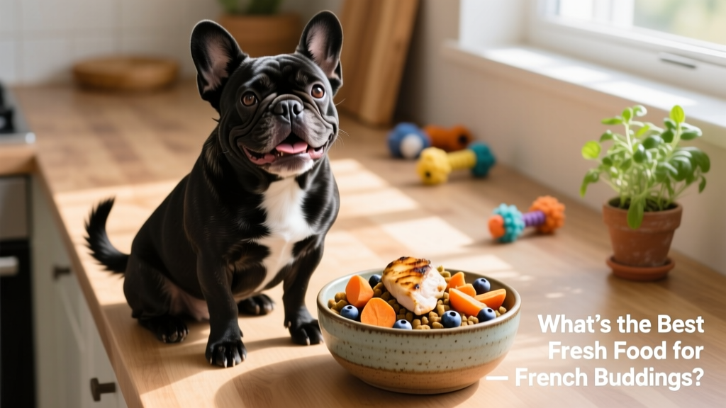 A happy French Bulldog sitting beside a bowl of fresh, colorful dog food with visible chunks of meat and vegetables