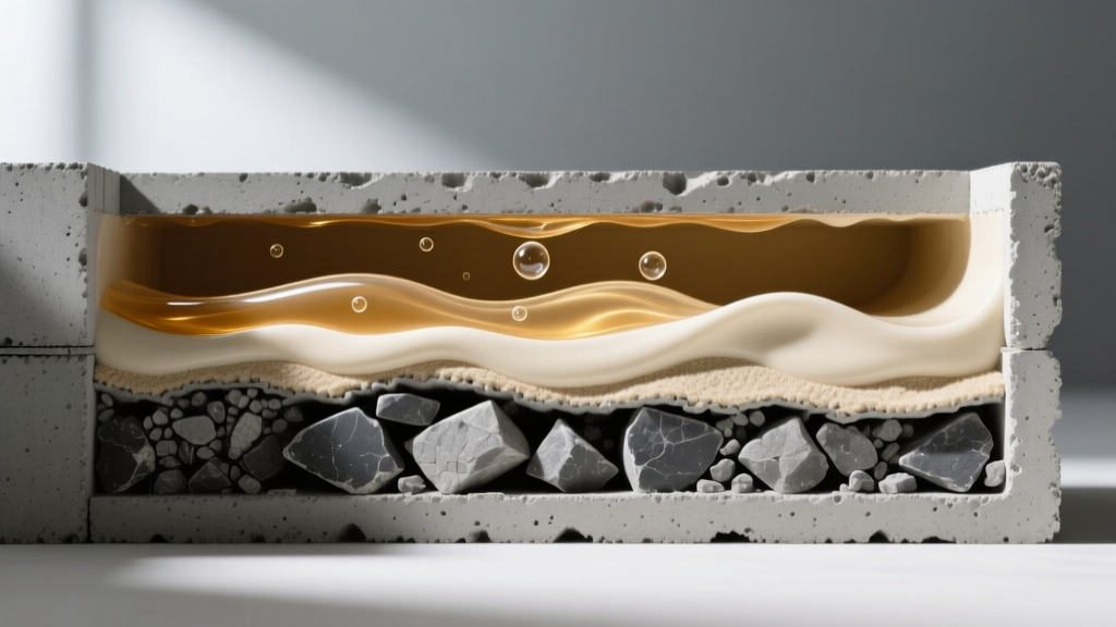Cross-section showing coarse aggregate structural concrete beside fine-sand flowable masonry grout filling a cinder block cell.