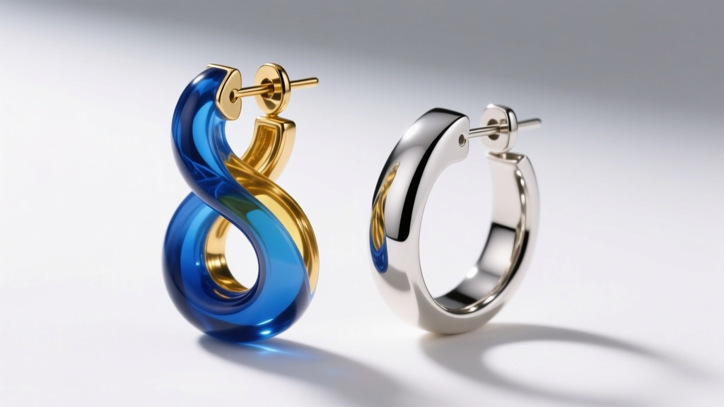 Close-up of 3D printed resin Mobius earring model beside a finished platinum version, showing sprue attachment at the twist apex.