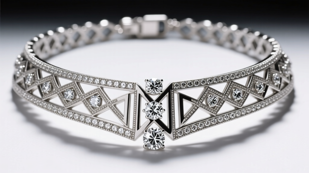 Close-up of a 1920s platinum Art Deco diamond necklace featuring geometric filigree and milgrain under bright gallery lighting