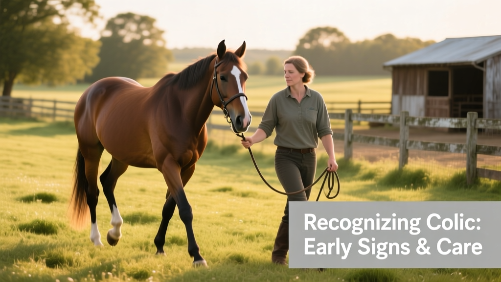 Owner gently walking a horse in a grassy paddock during mild colic episode