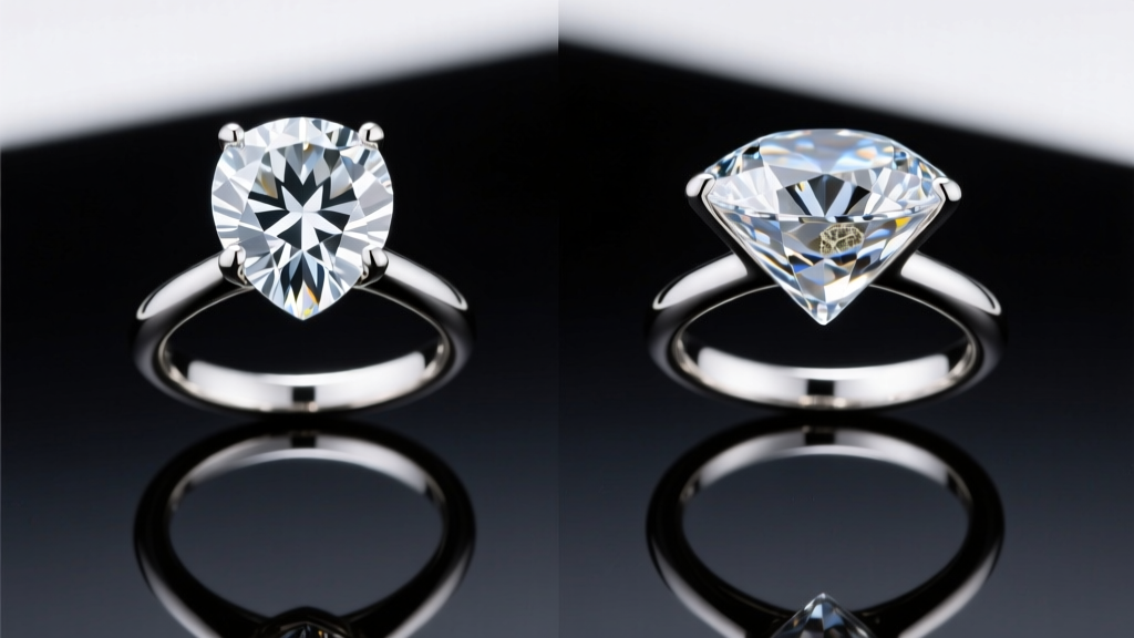 Lab-grown and natural diamonds in white gold martini settings compared side-by-side under bright professional gemological lighting