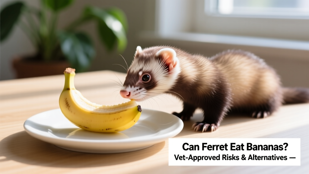 A ferret sniffing a small slice of banana on a clean surface