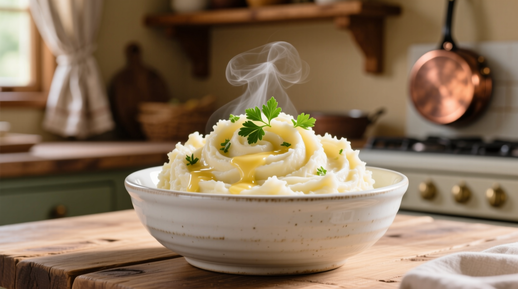 Creamy garlic butter mashed potatoes in white bowl